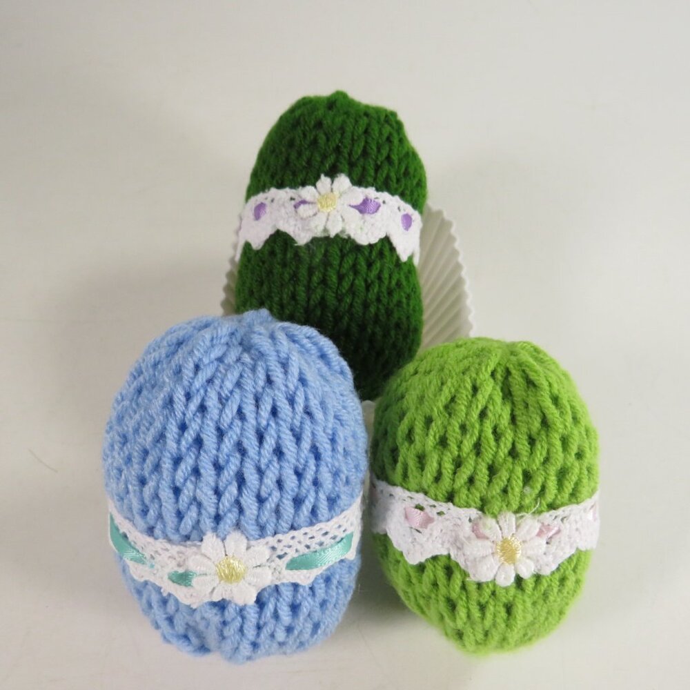 Hand Knit Easter Eggs with hand sewn accents (NO GLUE) all fabric items Lace